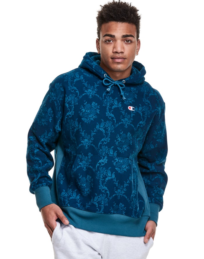 Champion Reverse Weave All Over Print Erkek Kapşonlu Sweatshirt Mavi ( RDZNVG624 )